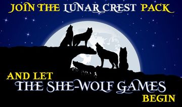Silhouettes of wolves against a full moon with fantasy text.