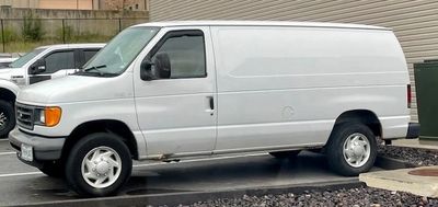 White cargo van parked in a lot.