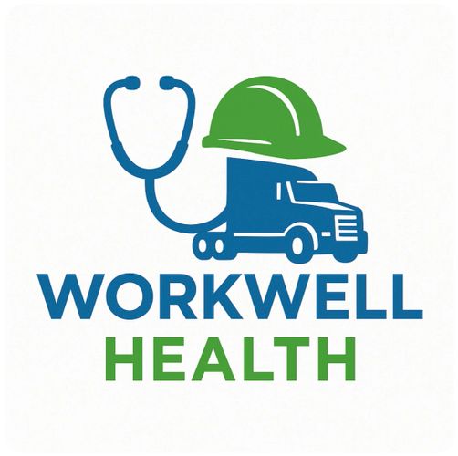 Logo combining health and workplace safety with a stethoscope, hard hat, and truck.