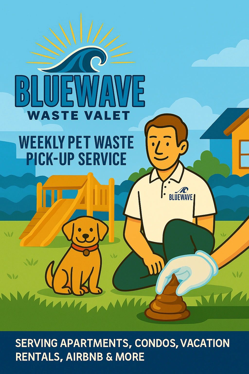 Illustration advertising BlueWave Waste Valet's weekly pet waste pick-up service with a man, dog, and playground.