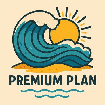 Stylized wave and sun illustration with 'Premium Plan' text.