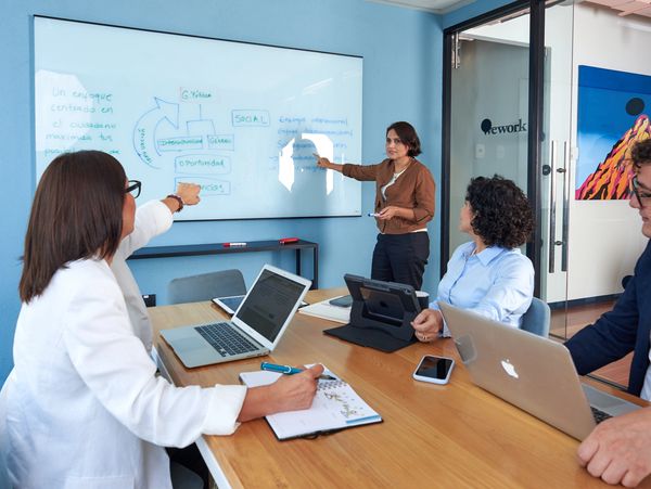Business meeting with presentation on a whiteboard in a modern office.