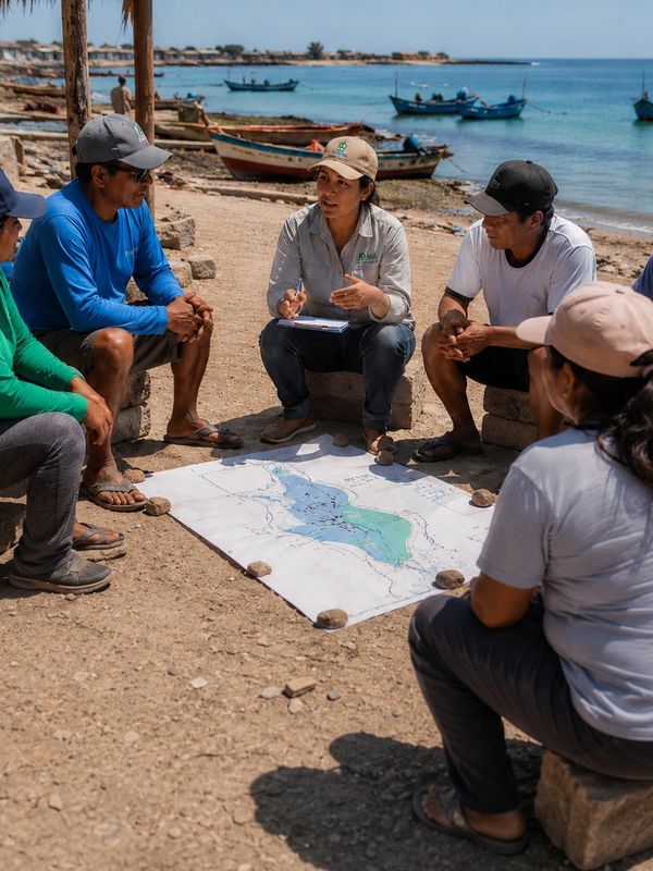 Group discussing a map by the seaside with fishing boats in the background.