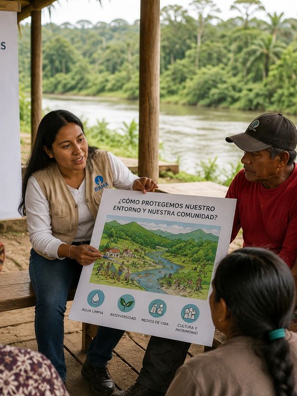 Woman educates community on environmental protection with a detailed poster by a riverside.