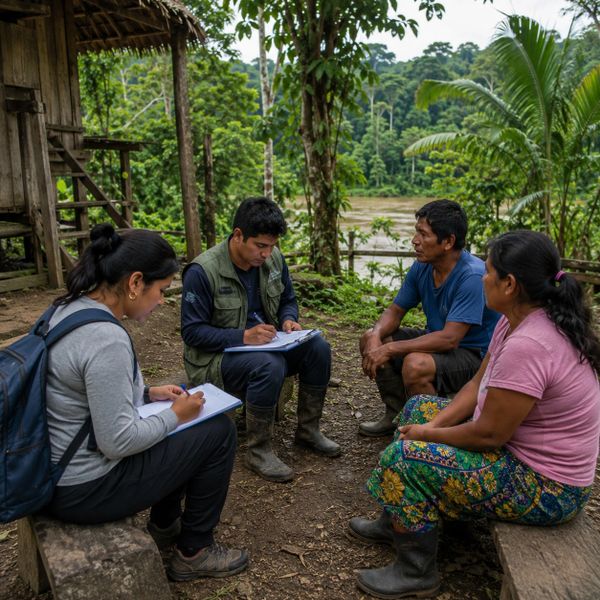 Four people engaged in a discussion outdoors in a rural setting.