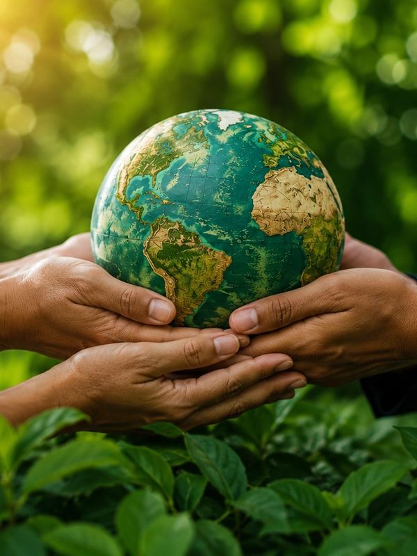 Two pairs of hands holding a globe over green plants symbolizing Earth care.