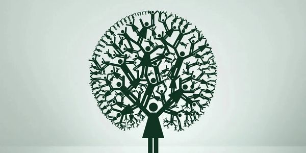 Illustration of a woman figure forming a tree with many smaller figures as branches.