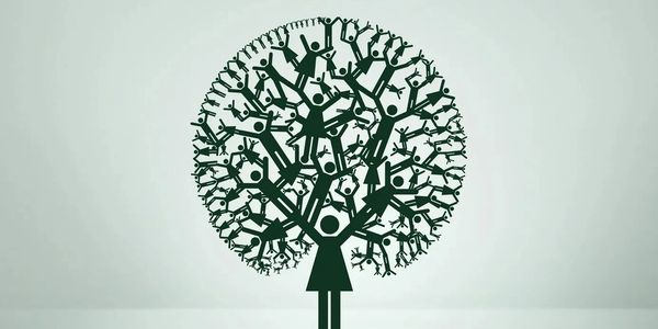 Illustration of a woman figure forming a tree with many smaller figures as branches.