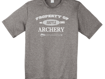 Gray t-shirt with archery-themed text and graphics.