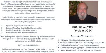 Portrait of Ronald C. Mehl, President/CEO, with his achievements in waste recycling and technological developments.