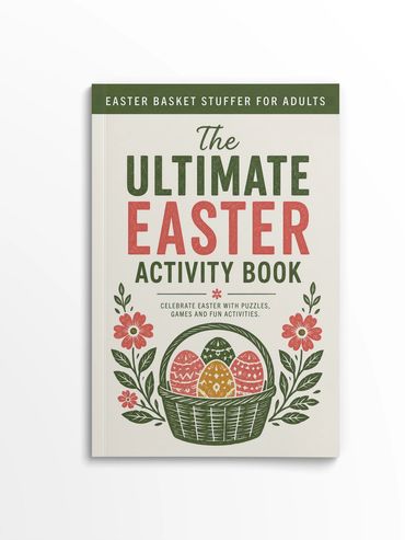 Cover of an adult Easter activity book with decorative eggs and flowers.