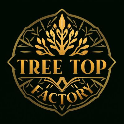 Elegant gold logo for Tree Top Factory with a tree design on black background.