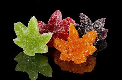 Colorful maple leaf-shaped gummy candies coated in sugar.
