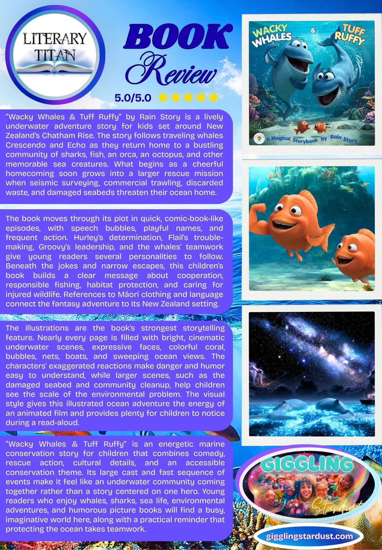 Book review for children's underwater adventure 'Wacky Whales &amp; Tuff Ruffy' with a 5-star rating.