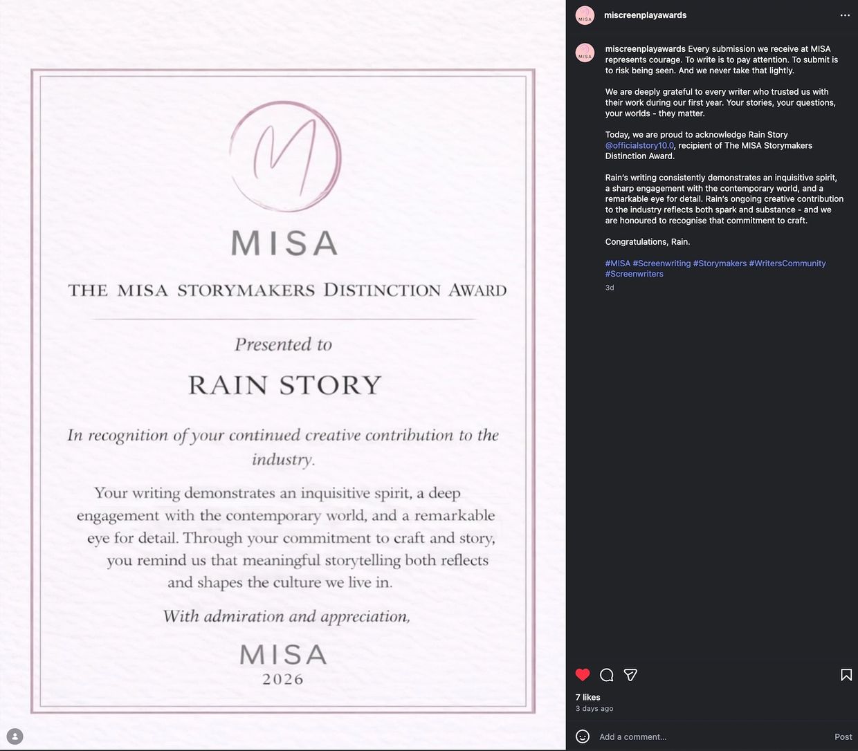 Rain Story prestigious 2026 MISA STORYMAKERS DISTINCTION AWARD Melbourne Int'l Screenplay Awards