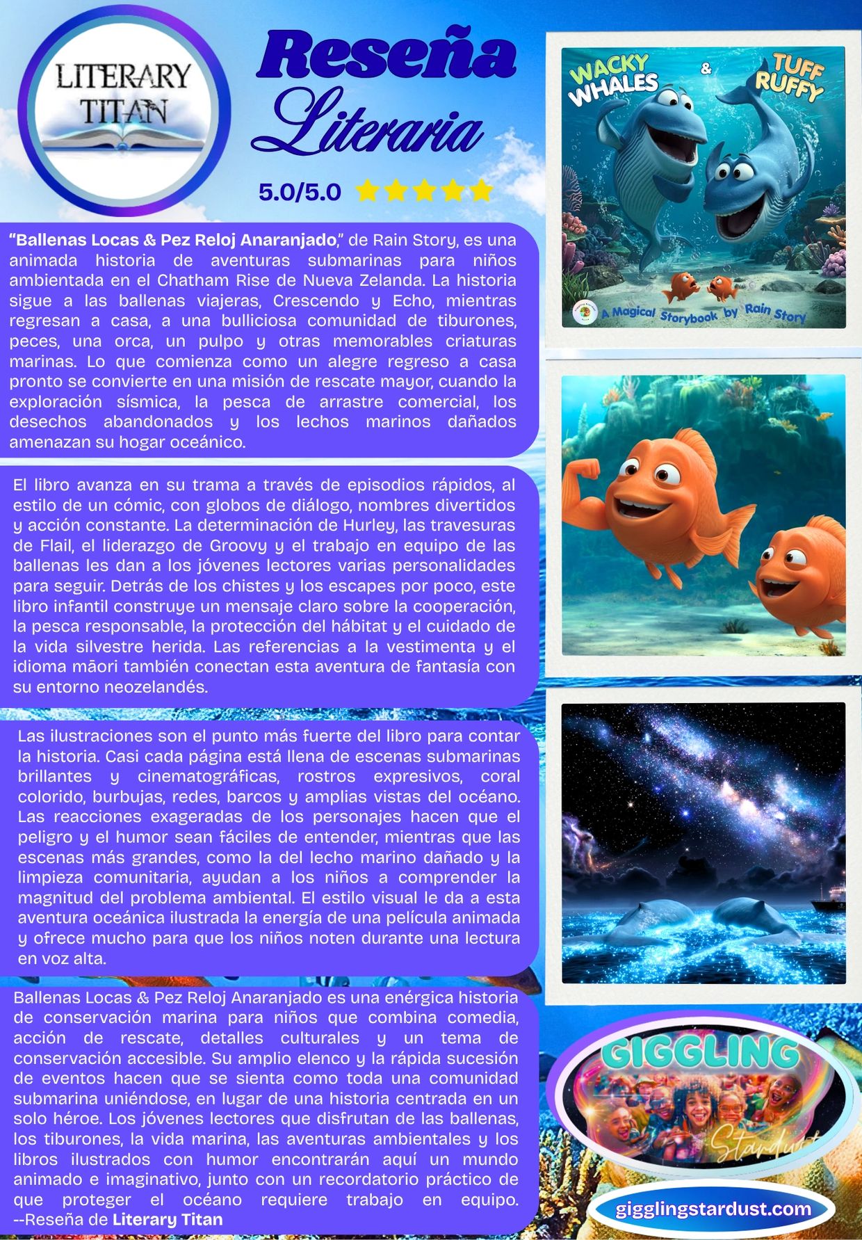Literary review of 'Wacky Whales &amp; Tuff Ruffy' highlighting its vibrant underwater adventure for children.