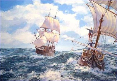 Two old sailing ships navigating choppy ocean waters under a cloudy sky.