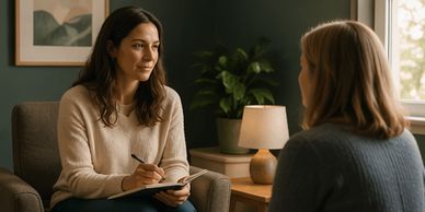 Two women engaged in a thoughtful conversation in a cozy room.