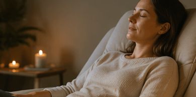 Woman relaxing peacefully with eyes closed, surrounded by candles.