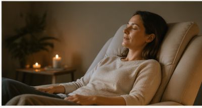 Woman relaxing in a cozy setting with lit candles.