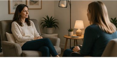 Two women engaged in a calm conversation in a cozy room.