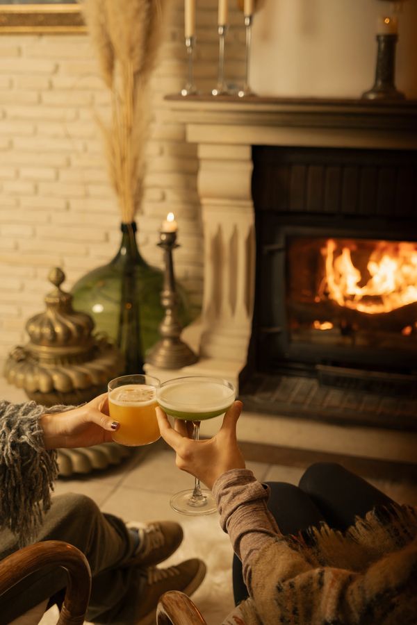 sapanca gölü kenarında soğuk bir kış gününde şömine başında yemekten sonra içilen kokteyl keyfi   