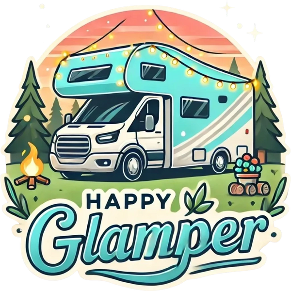 Happy Glamper illustrated logo featuring a turquoise and white RV parked in a scenic setting