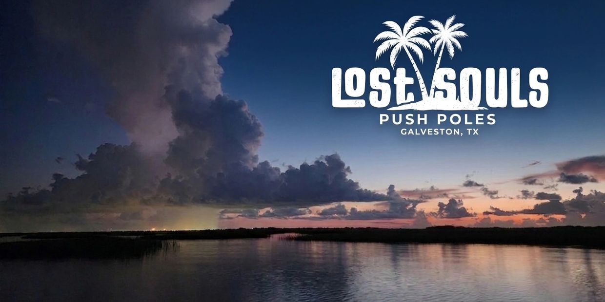 Sunset over a calm water body with Lost Souls Push Poles logo in Galveston, TX.