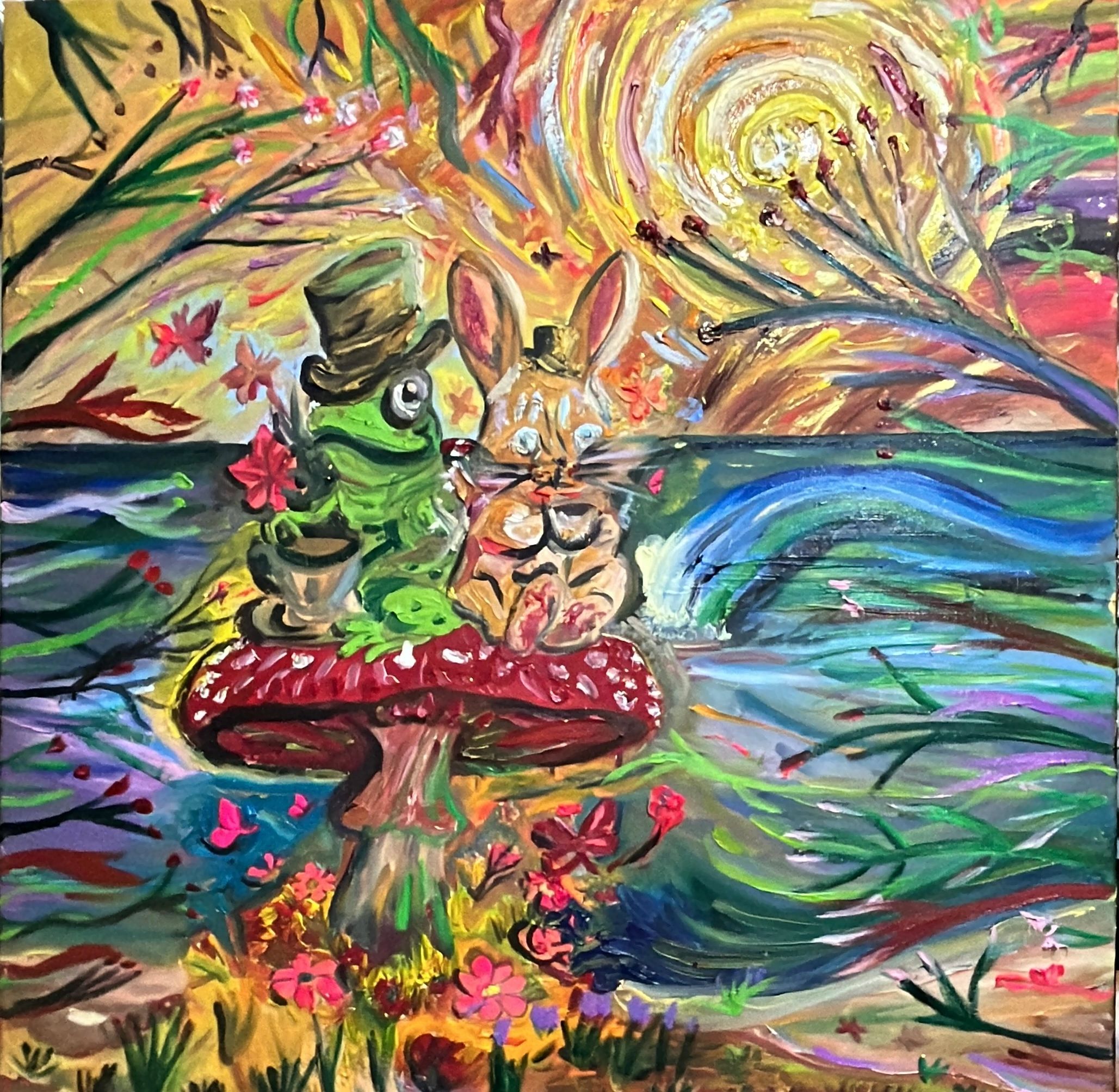 Whimsical painting of a frog and rabbit in hats surrounded by colorful nature.