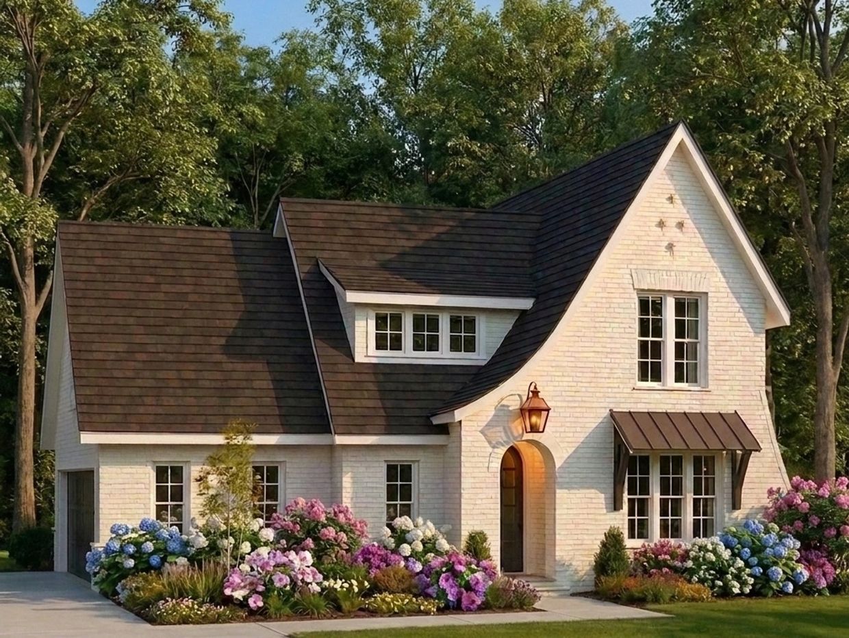 Charming white brick house with dark roof and vibrant flower garden.