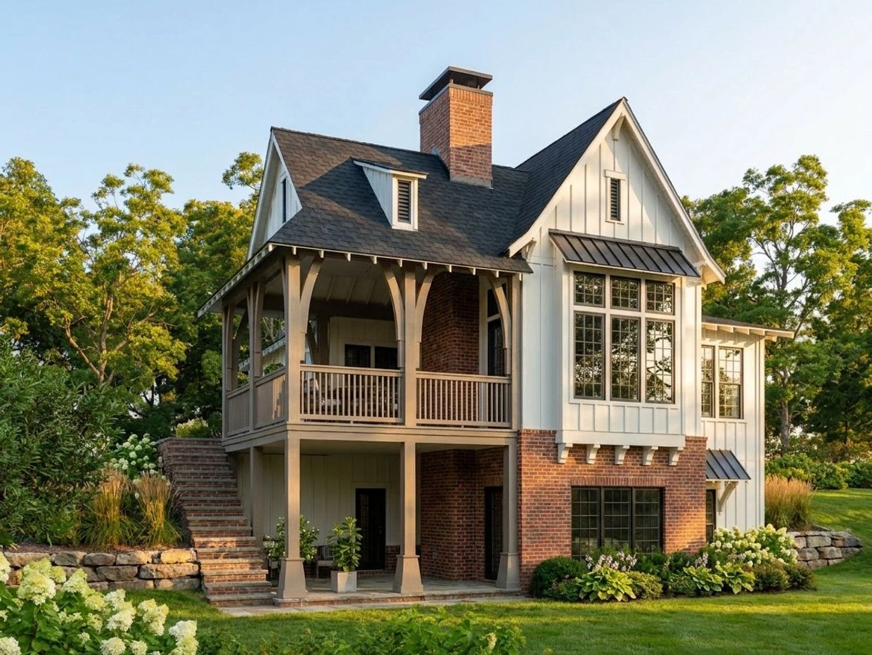 A charming two-story house with brick and white siding, featuring a covered porch and lush greenery.