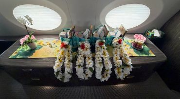 Floral garlands and gift bags arranged on a table.