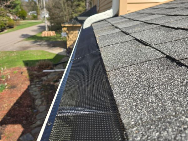 Close-up of a roof edge with a black gutter guard installed.