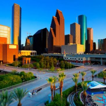 Downtown Houston skyline during sunset.
