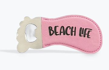 Barefoot Magnetic Bottle Opener, pink with black lettering "Beach Life"