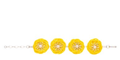 Handmade coiled yellow thread and sterling silver floral forms—a sculptural, contemporary jewellery