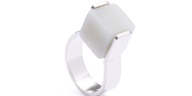 Sterling silver ring with a single hand-cut Andean Matt Opal cube in a minimalist square setting