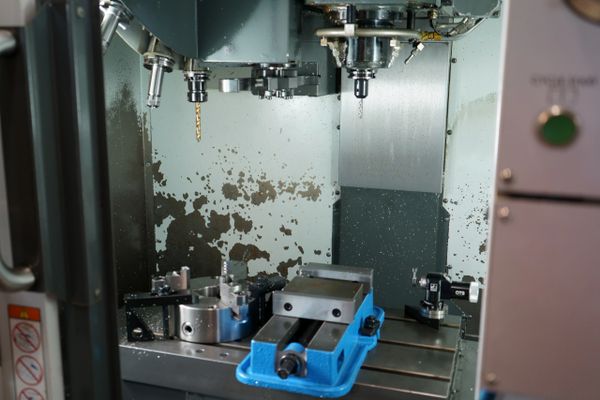Interior of a CNC milling machine with a blue vise and drill bits.