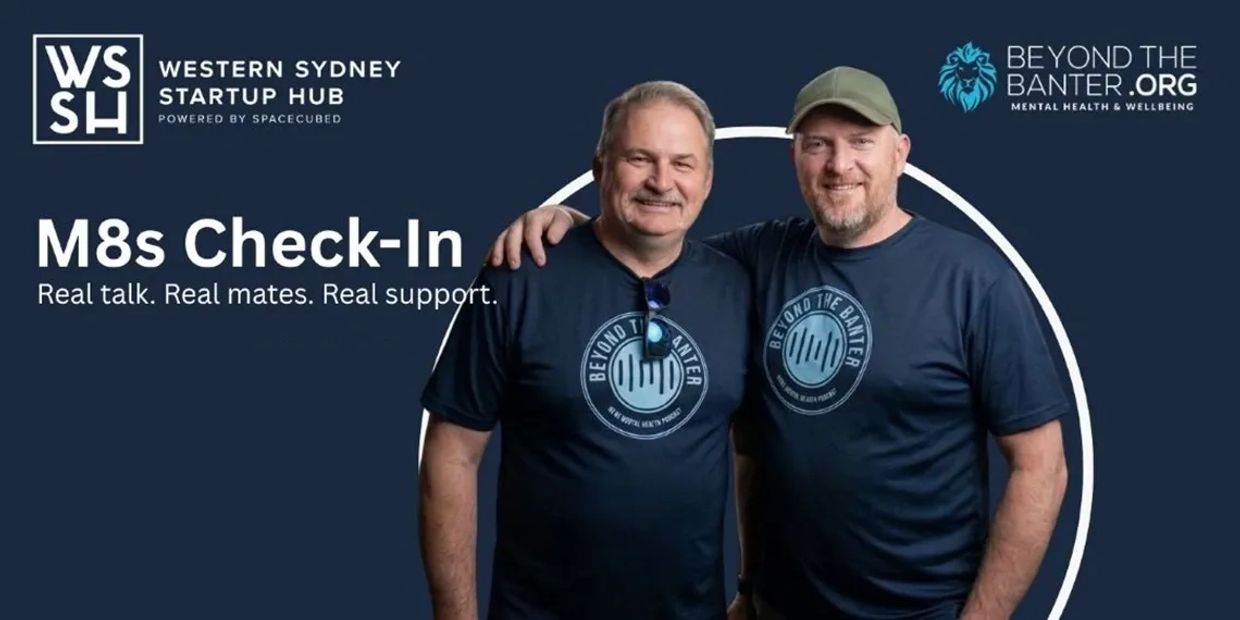 Two men wearing Beyond The Banter shirts promote mental health check-in event.