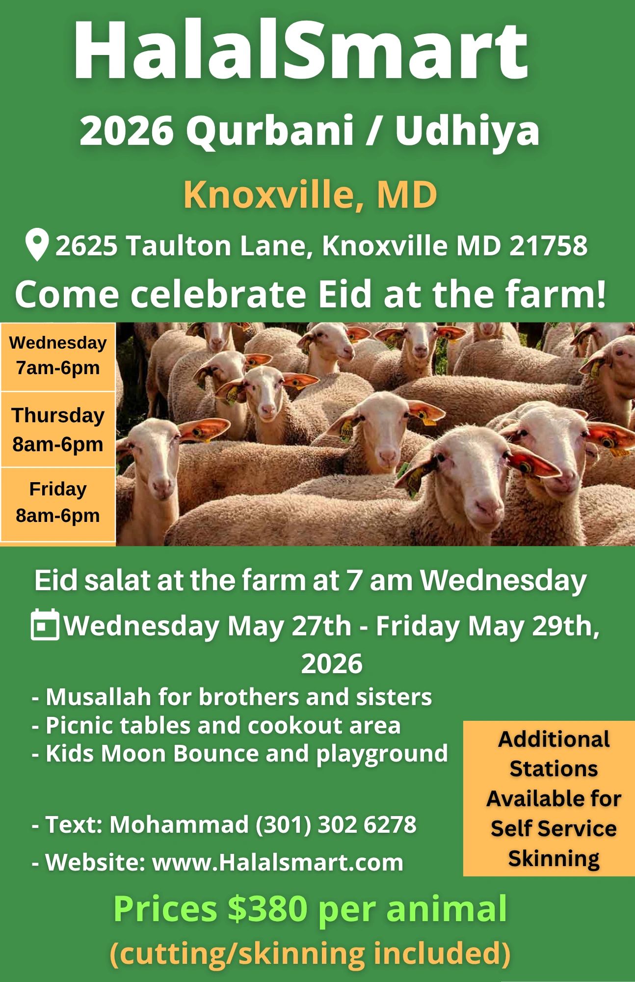 HalalSmart 2026 Qurbani event in Knoxville, MD with Eid celebration and animal pricing.