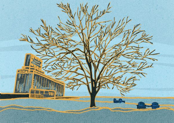 Artistic rendition of a leafless tree with a building and benches in the background.