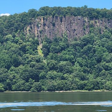 Lush green hillside by water.
