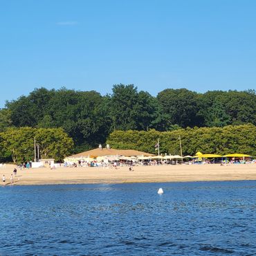 Sandy beach view from water.