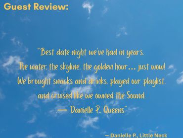 A glowing guest review praising a scenic date night on the water during golden hour.