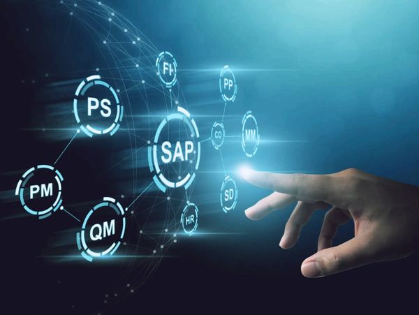 Hand interacting with glowing SAP and module icons on a digital interface.