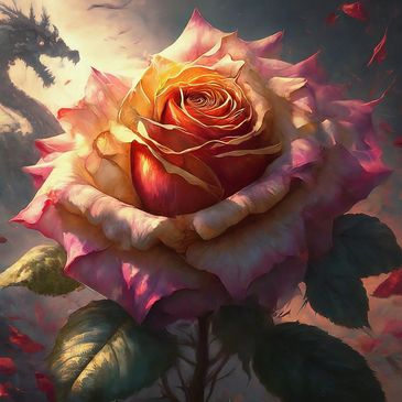 Rose with dragon in background