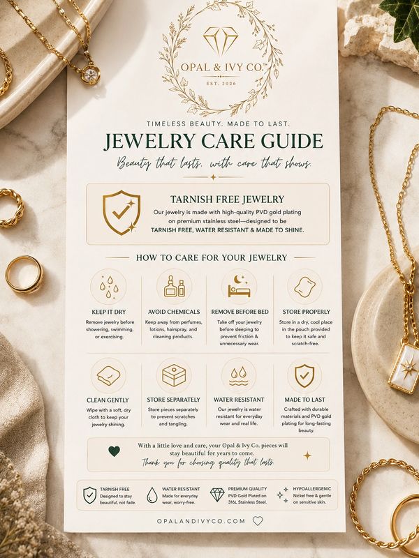 Jewelry care guide from Opal &amp; Ivy Co. with tips to keep jewelry tarnish free and lasting.