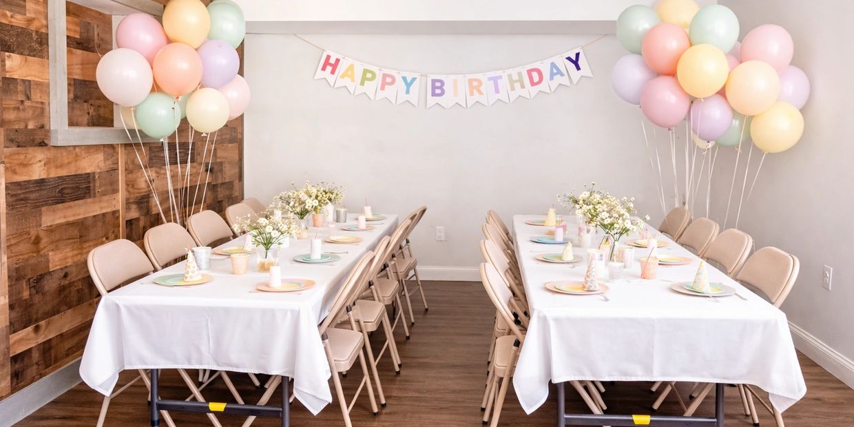 Pastel-themed birthday party setup with balloons and decorated tables.