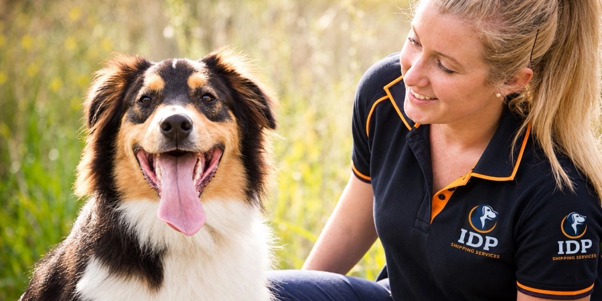 Happy dog with smiling woman in uniform.
