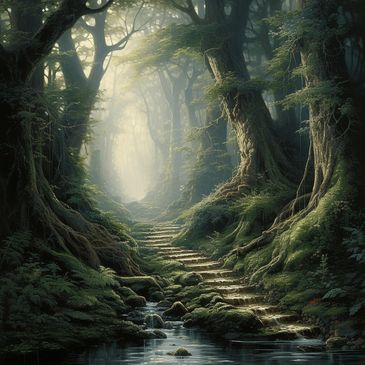 In a dark forest on an ascending road with steps towards the light of spiritual becoming
